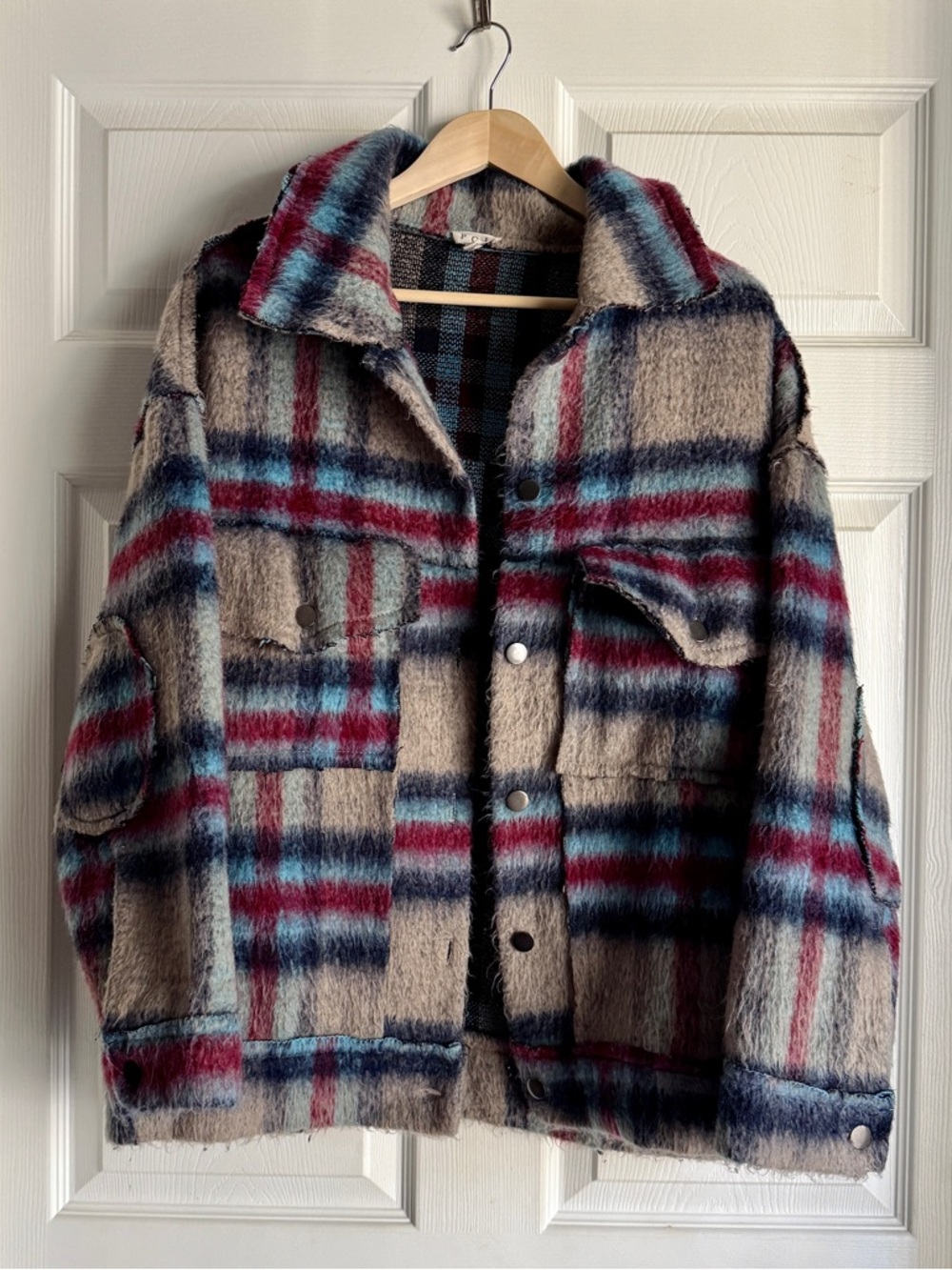 ‘ POL ’ Tan Multicolor Fuzzy Flannel Shacket size S